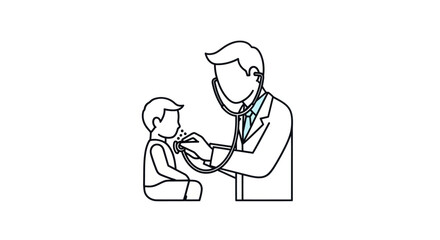Doctor examining a child with a stethoscope line art illustration.