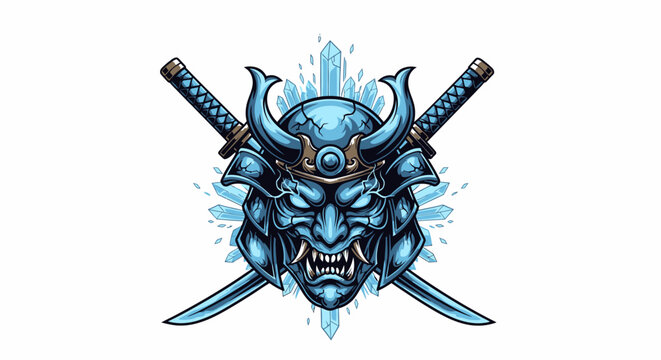 A stylized illustration of a samurai mask with crossed swords, ice-themed.