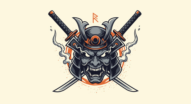 Illustration of a samurai mask with crossed swords behind it, surrounded by smoke on a light background.