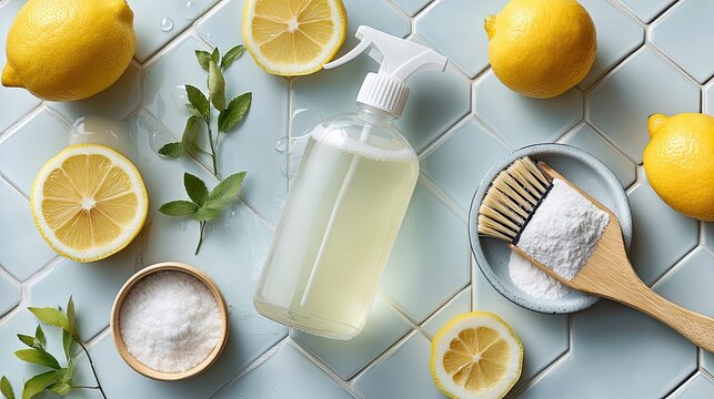 An assortment of natural cleaning supplies: a spray bottle with vinegar solution, lemons, baking soda in a bowl, and a wooden brush on a clean tiled surface, green cleaning concept, 
