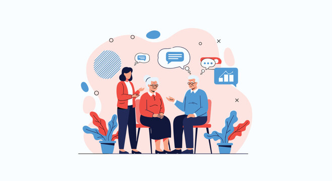 Young woman attentively communicating with an elderly couple, possibly providing care, financial advice, or social support, with chat bubbles.