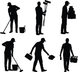 Obraz premium cleaning worker silhouettes, janitor icons, cleaner vector set, housekeeping staff, sanitation workers, custodial tools, professional cleaning clipart