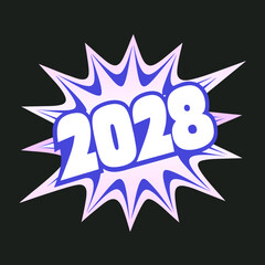 A vibrant and dynamic illustration showcasing the year 2028 in a comic book style explosion, perfect for new year celebrations and futuristic themed designs