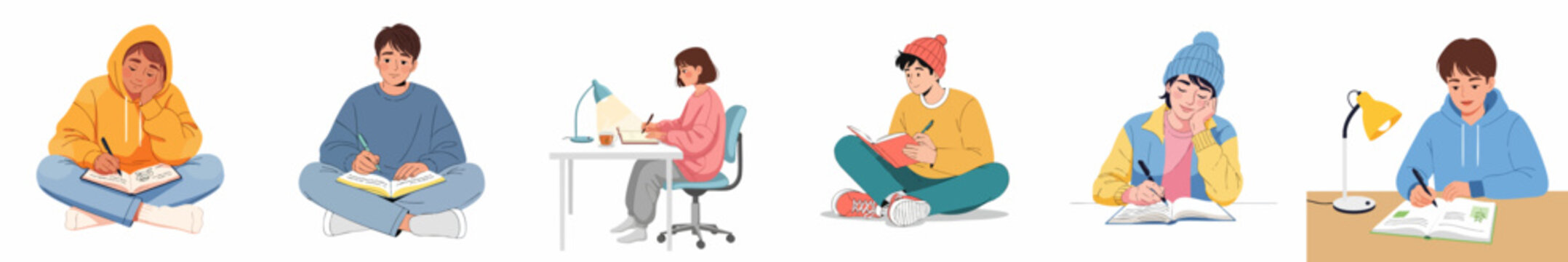 Watercolor Style Diverse Student Studying Illustration in Various Poses and Locations