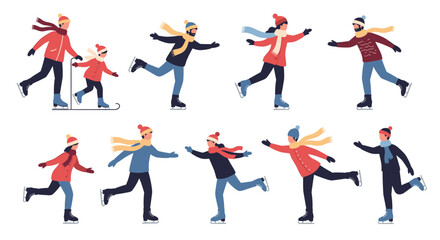 Diverse set of people, including families and individuals, enjoying ice skating in various playful and graceful poses on the winter rink.