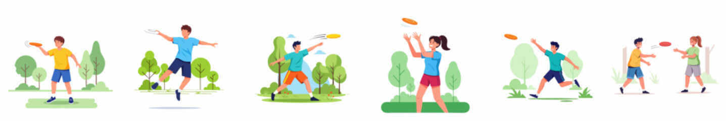 Flat Illustration People Playing Frisbee Outdoors in a Park Scene Design