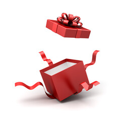 Red present box with white inside open product display mock up showcase or blank red gift box with red ribbons bow isolated over white background with shadow creative idea concepts 3D rendering