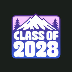 Class of 2028 graduation design featuring a mountain peak and pine trees, perfect for celebrating academic achievements and creating memorable keepsakes
