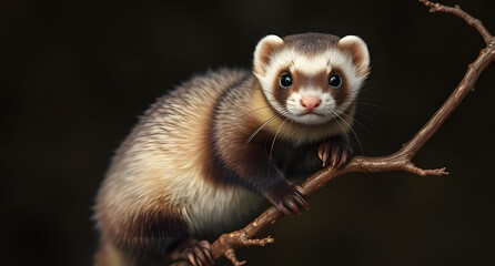 Obraz premium Photo-realistic ferret perched on a twisted branch in retro VHS style