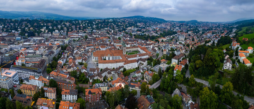 Aerial panorama view around the city and monastery St Gallen on a cloudy spring day in Switzerland