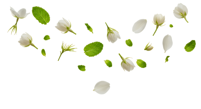 Delicate white jasmine blossoms and vibrant green mint leaves gracefully suspended in an elegant arc, symbolizing purity, freshness, and natural aromatic beauty