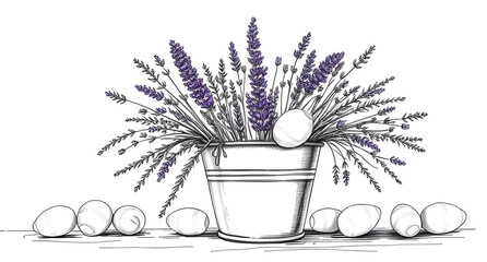 A cozy arrangement of lavender sprigs and glitter dust in metallic bucket for Easter on a festive mantelpiece, sketched in ink