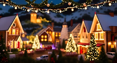 A charming village backdrop adorned with holiday lights creates a magical atmosphere for a Christmas celebration