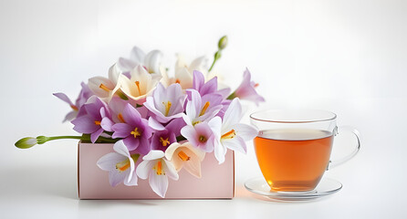 A display of freesias in pastel box, beside a steaming cup of tea, captured in high-key studio lighting