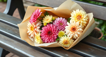 A display of dahlias in craft paper wrap, on a weathered bench, captured depicted in pastel chalk