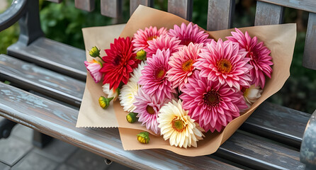 A display of dahlias in craft paper wrap, on a weathered bench, captured depicted in pastel chalk