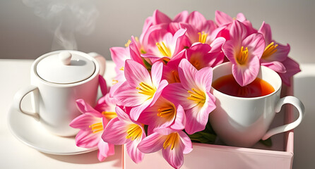A display of freesias in pastel box, beside a steaming cup of tea, captured in high-key studio lighting