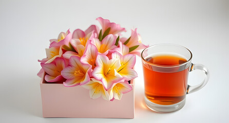 A display of freesias in pastel box, beside a steaming cup of tea, captured in high-key studio lighting