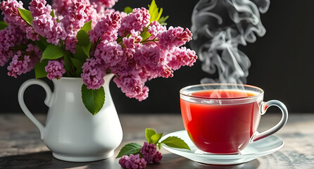 A display of lilac sprigs in porcelain pitcher, beside a steaming cup of tea, captured in high-key studio lighting