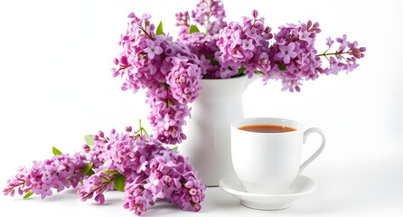 A display of lilac sprigs in porcelain pitcher, beside a steaming cup of tea, captured in high-key studio lighting
