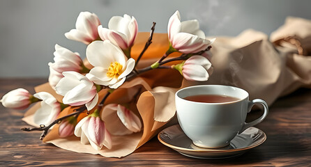 A display of magnolia branches in craft paper wrap, beside a steaming cup of tea, captured in high-key studio lighting