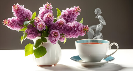 A display of lilac sprigs in porcelain pitcher, beside a steaming cup of tea, captured in high-key studio lighting
