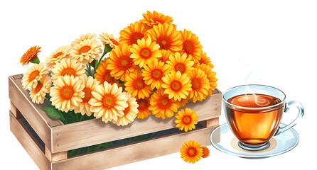 A display of marigolds in wooden crate, beside a steaming cup of tea, captured painted in watercolor style