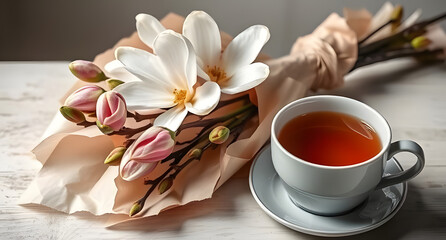 A display of magnolia branches in craft paper wrap, beside a steaming cup of tea, captured in high-key studio lighting