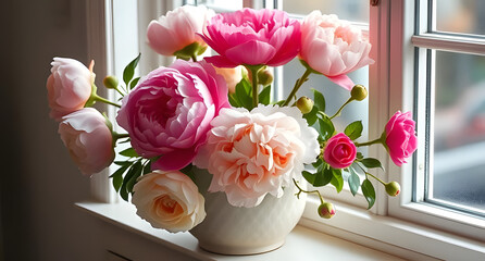 A display of peonies and ranunculus in ceramic pot, on a sunlit windowsill, captured depicted in pastel chalk