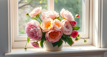 A display of peonies and ranunculus in ceramic pot, on a sunlit windowsill, captured depicted in pastel chalk