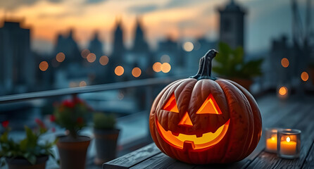 A Father's Day-themed composition featuring jack-o'-lantern with candle glow on rooftop terrace, rendered in hdr effect, captured with bokeh effect