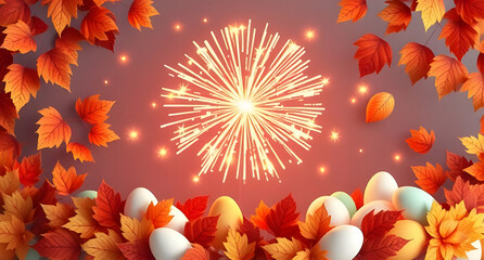 A Easter-themed composition featuring sparkling firework display amidst autumn leaves, rendered in paper-cut art, rendered in 3D low-poly
