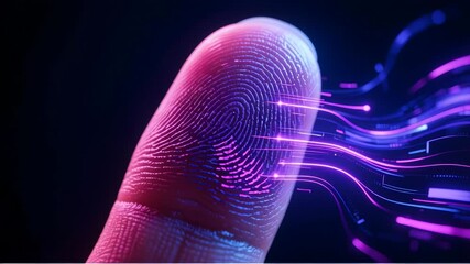 Futuristic fingerprint scan biometric security digital data flow neon cyber technology identification authentication macro close up human skin - Powered by Adobe