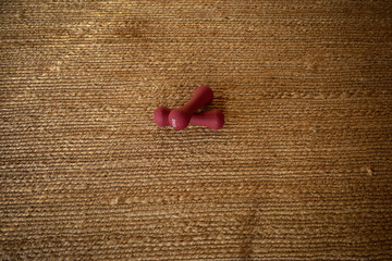 Small purple dumbbells placed on a woven mat in a cozy indoor setting during daylight