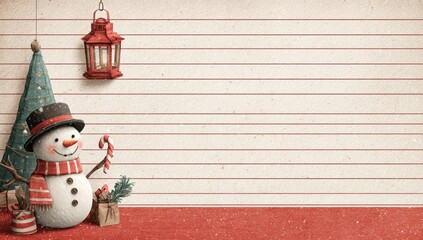  snowman with a lantern, on the left side of a lined writing paper background 