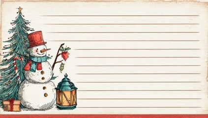  snowman with a lantern, on the left side of a lined writing paper background 
