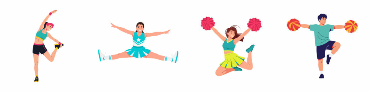 Flat Illustration Diverse Cheerleading Squad Performing Cheerleading Actions Poses Set