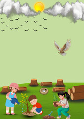 Children planting trees and an owl flying in a sunny sky