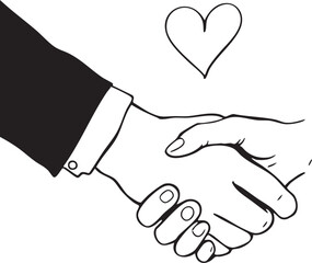 Handshake illustration with suited and bare hands under heart symbol in black-and-white vector for unity and collaboration