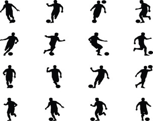 Soccer player silhouette set, football athlete dribbling poses, running and kicking action illustrations, sports movement vector collection for design