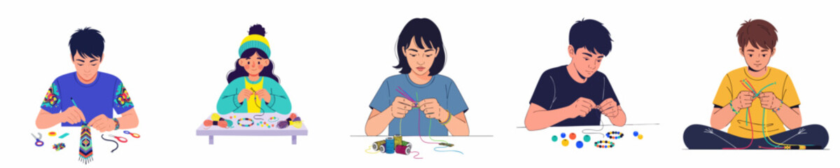 Flat Illustration of Young Adults Engaged in Making Jewelry Craft Activity