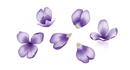A beautiful composition of six scattered purple flower petals, elegantly illustrated with soft gradients on a white background
