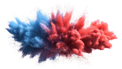 bright red and blue paint color powder festival explosion burst isolated white background.