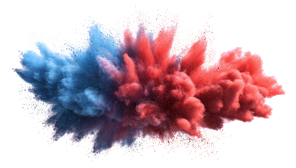 bright red and blue paint color powder festival explosion burst isolated white background.