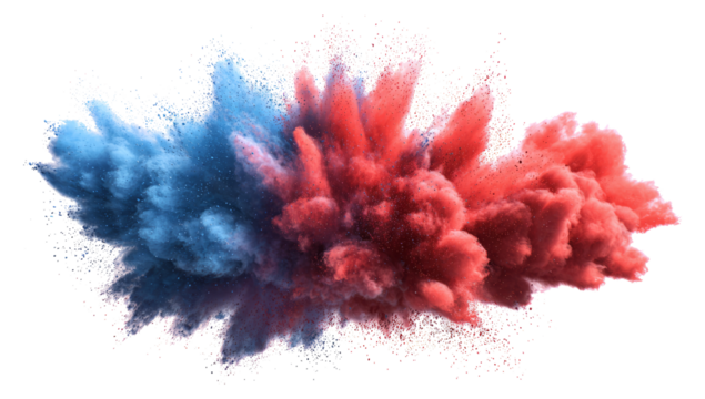 bright red and blue paint color powder festival explosion burst isolated white background.
