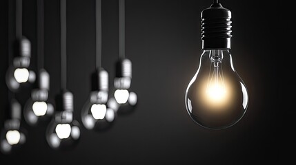 A single, illuminated light bulb hanging above a collection of unlit bulbs. A symbol of innovation, a great idea, and standing out from the competition. High-contrast, conceptual image