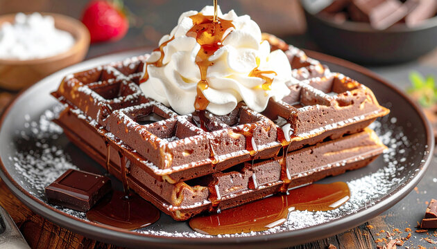 Chocolate waffles with maple syrup, whipped cream and powdered sugar. AI - Powered by Adobe