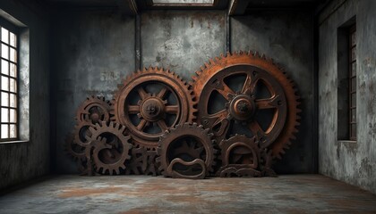 Rusty metal gears in a dark industrial room. Old machinery stands against a rough concrete wall. Windows let some light into the space. A vintage factory setting.