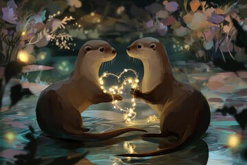 Two otters creating a heart with lights.