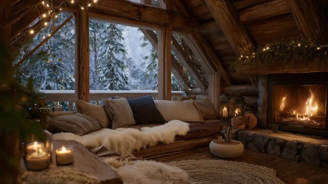 103Artistic shot of a cozy cabin interior, blazing fire illuminating garlands, soft snow falling beyond wide windows, rich textures of wood, wool, and candlelight, tranquil festive st